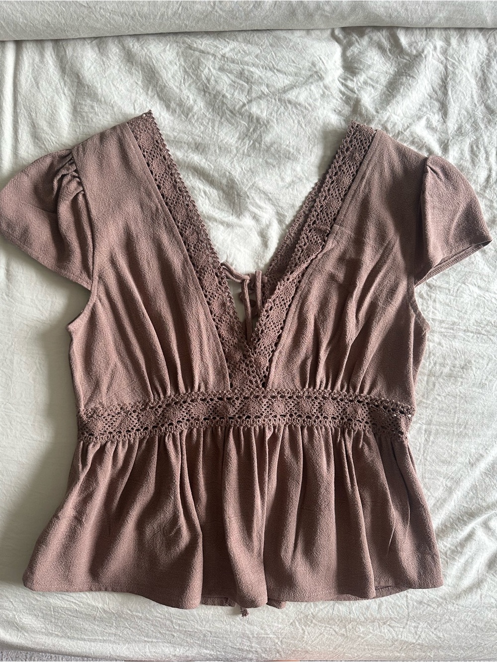 Women's Brown Lace-Trim Deep V-Neck Top